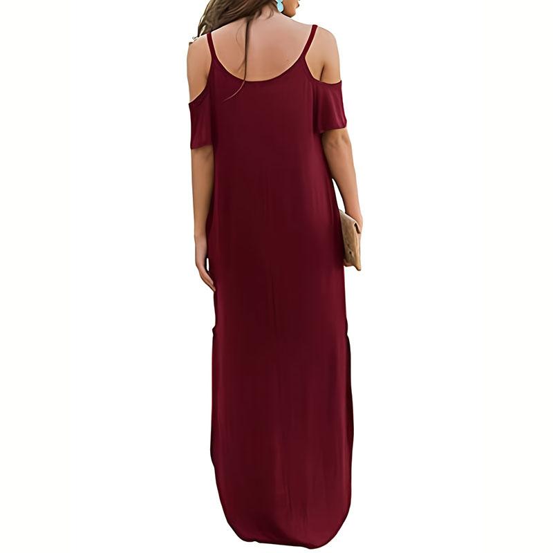 Vestito estivo da donna a maniche corte con spalle scoperte, tinta unita, largo e irregolare, con tasca