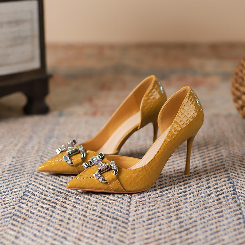 9 niche design texture side empty high heels rhinestone metal buckle stiletto single shoes Huidong pointed women's shoes