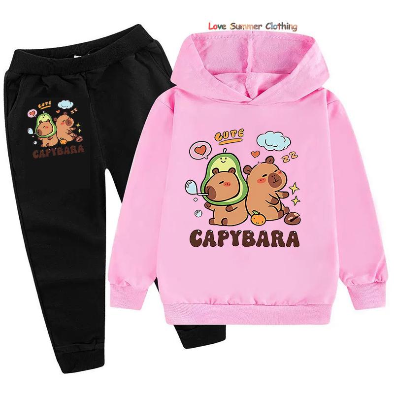 2-teiliges Mädchen Capybara Hoodie Jogginghosen Set Kinder Gemütliches Outfit Capybara Grafik Lässige Spielkleidung Maschinenwaschbar Alltag Sport Passendes Outfit für Jungen