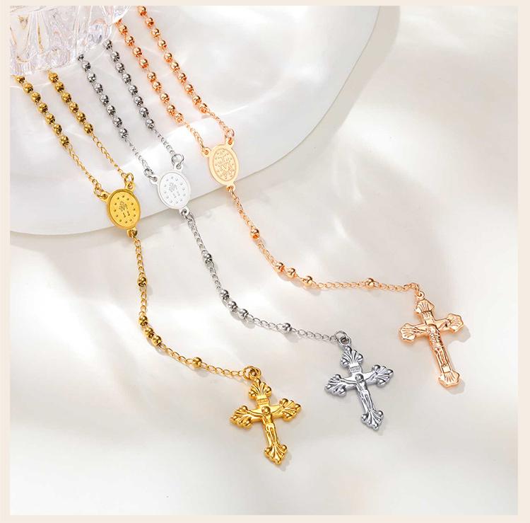 Rosary Beads Cross Necklace for Women, Stainless Steel Crucifix Virgin Mary Y Shape Necklaces Jewelry