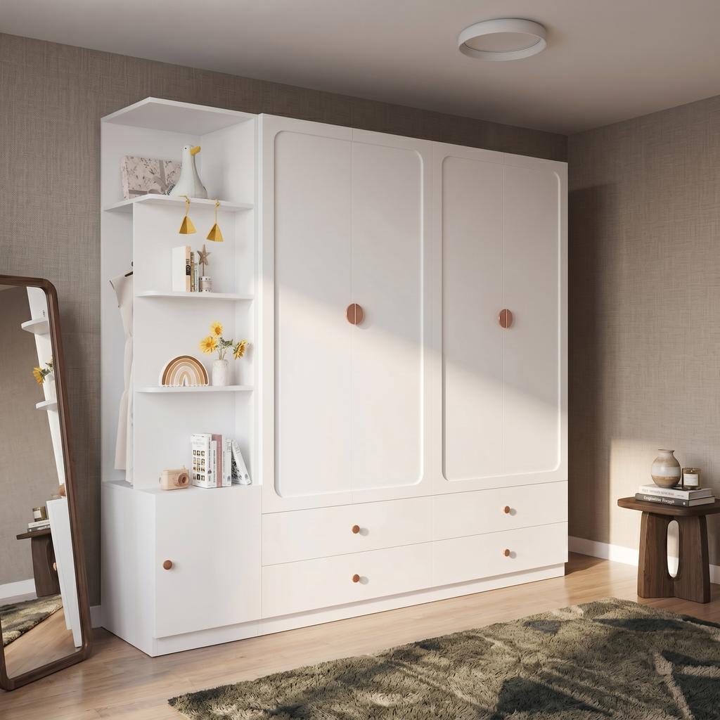 Large Wardrobe, White, 200 x 225 x 45 cm, with 3 Clothes Rails, 4 Drawers, Storage Space, for Bedroom, Children's Room, Hallway & Office
