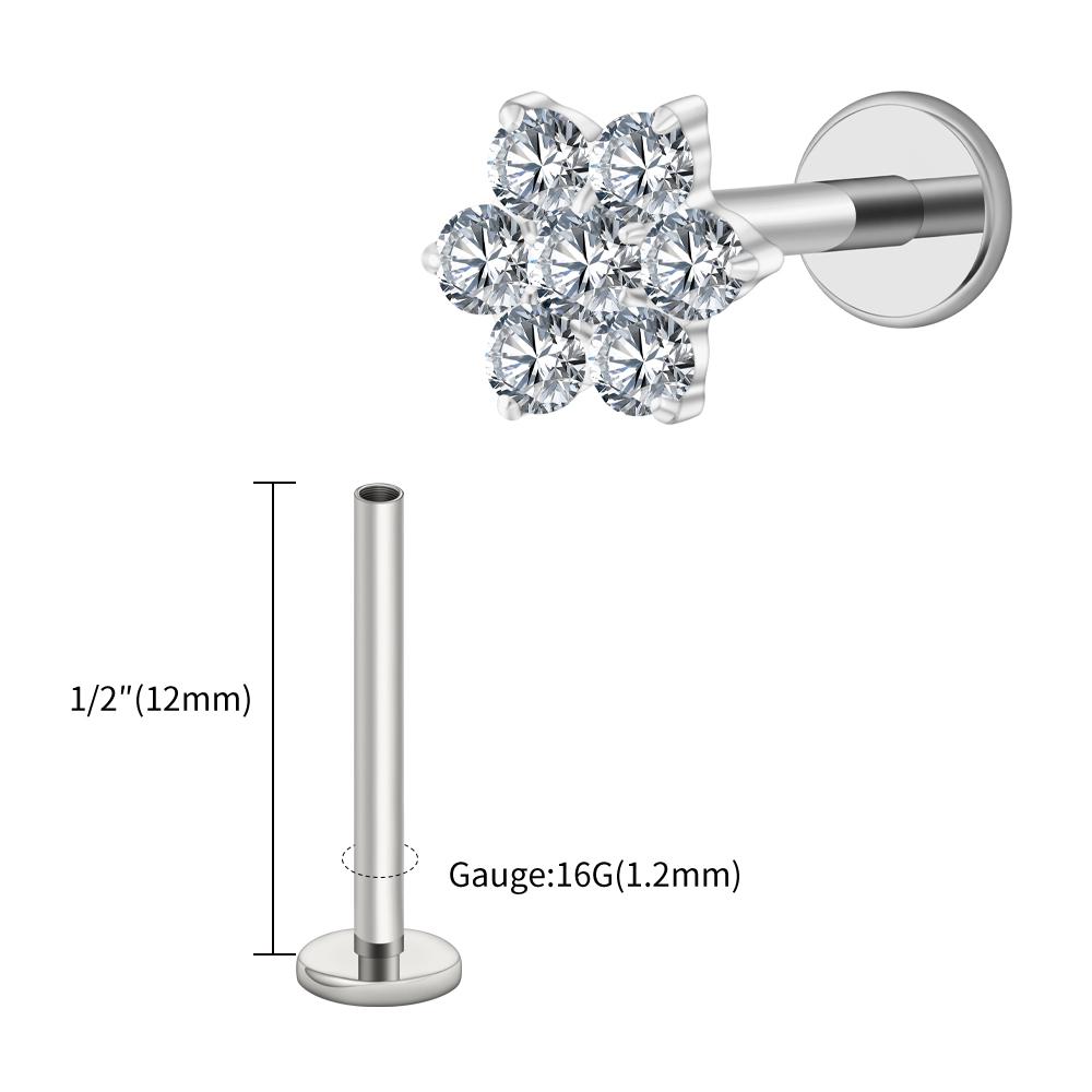 Right Grand ASTM F136 Titanium 16G Tiny Flower CZ Stud Earring Tragus Helix Rook Conch Labret Stud Flat Back Cartilage Piercing