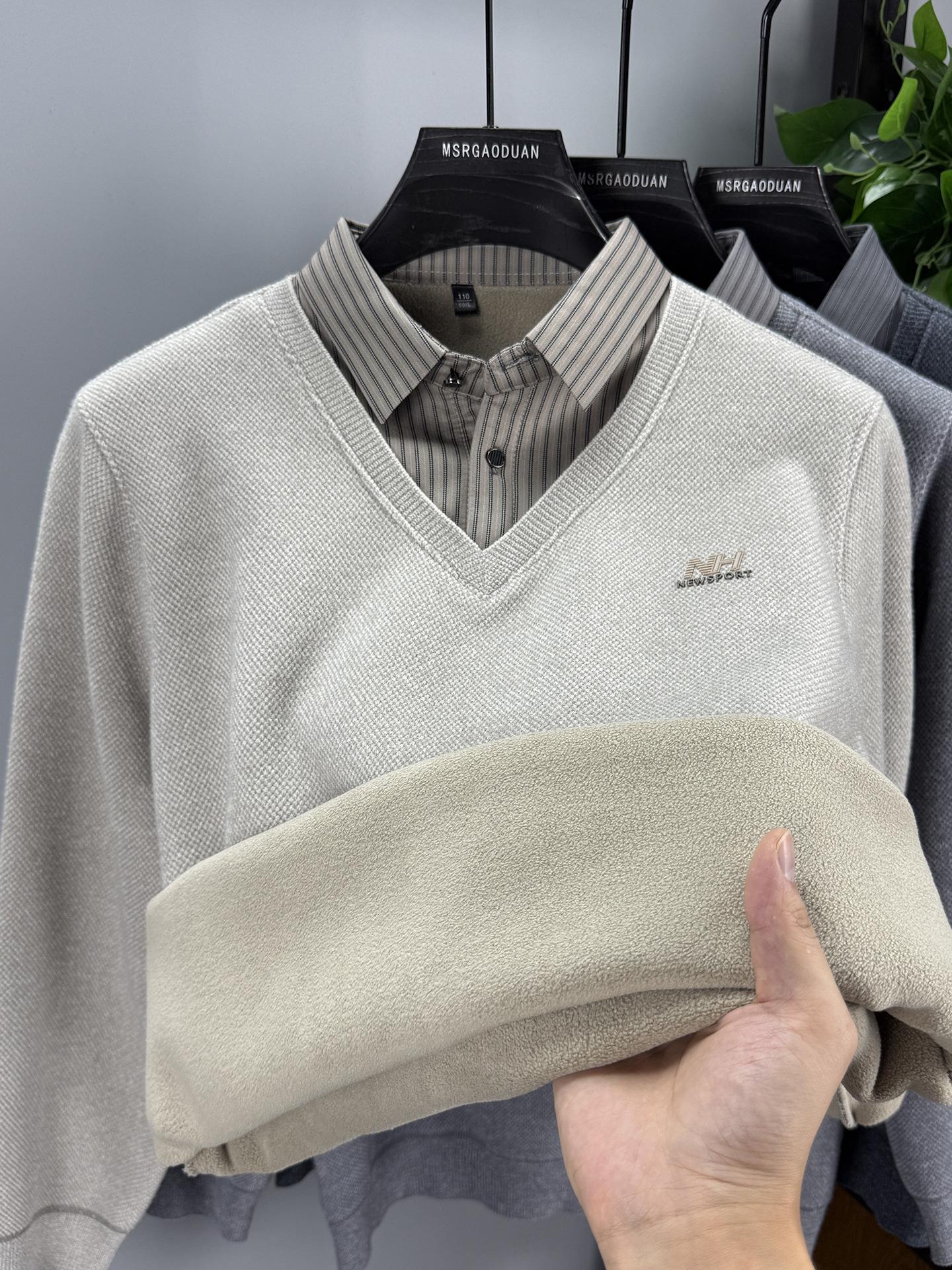 

2025 Winter Men s One-Piece Knit Shirt: Fleece, Fake Two-Piece Design, Thick Collar, High-End Layer XXL хакі