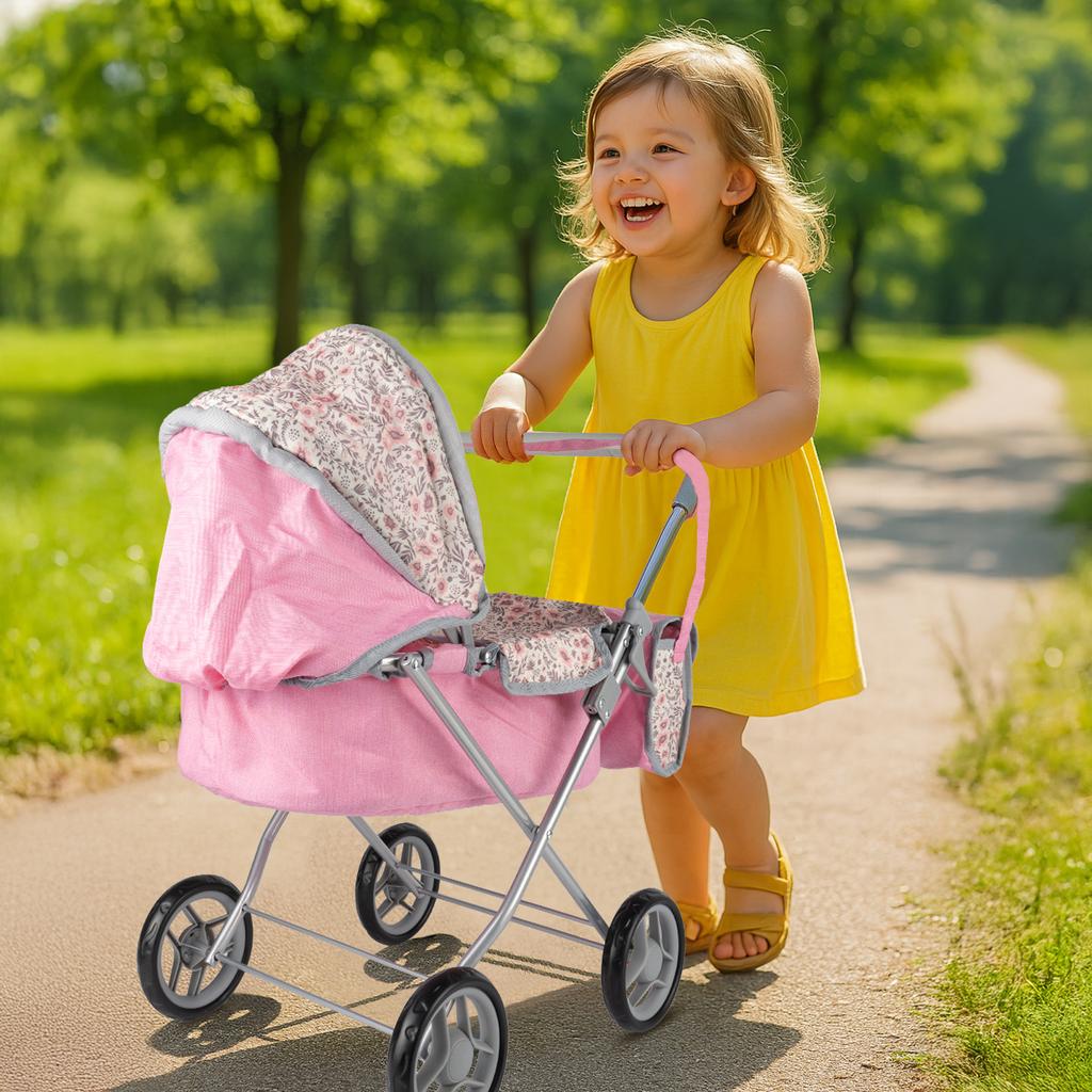 Pink Flowers Foldable Doll Pram Gondola Stroller With Bag