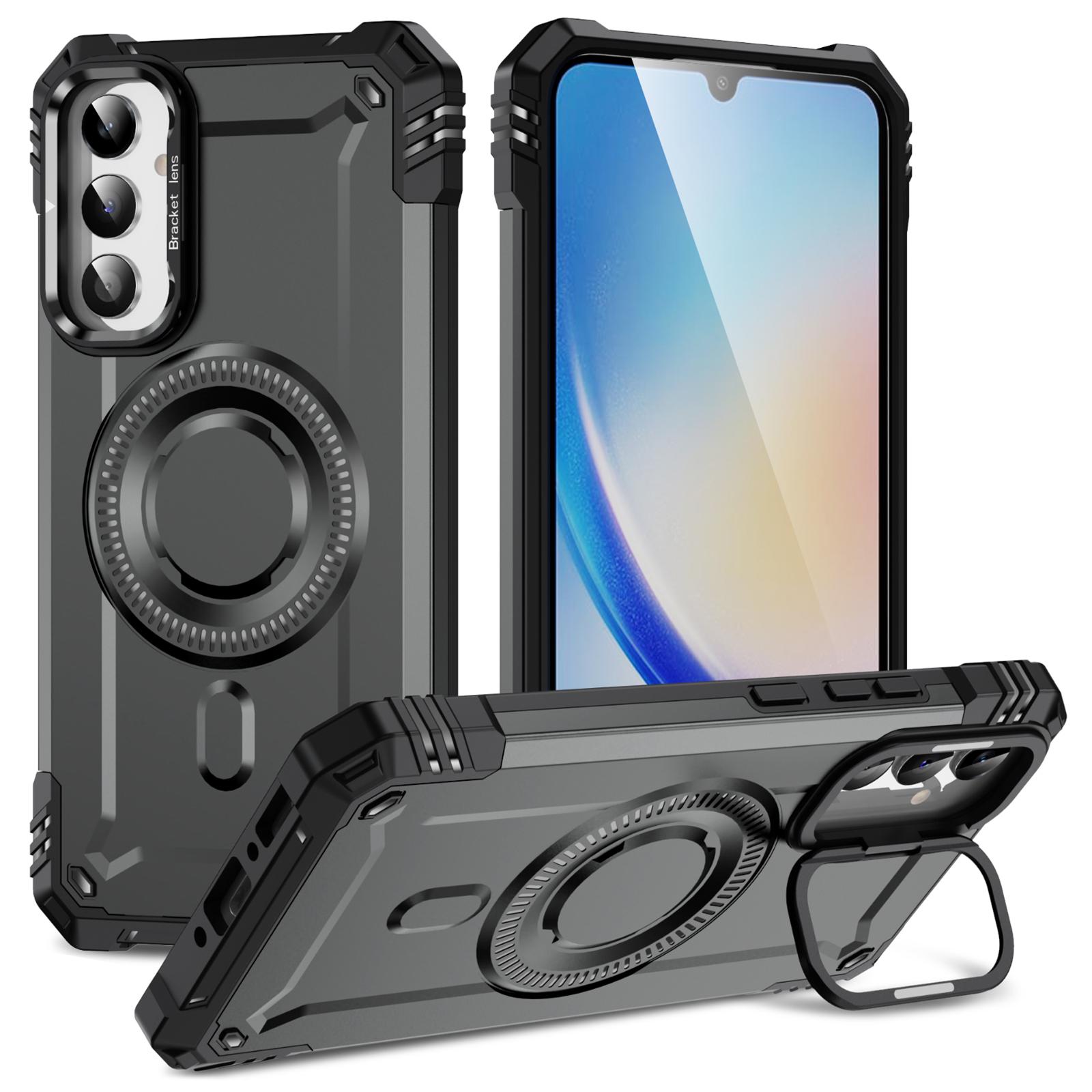 

For Samsung Galaxy A36 5G Case Compatible with MagSafe Metal Lens Frame Kickstand PC+TPU Mobile Cover Grey