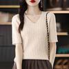 Women Sweaters Pullovers 2025 Summer Short Sleeve V-Neck Black Knitted Sweater Women Tops Pullover JJ303