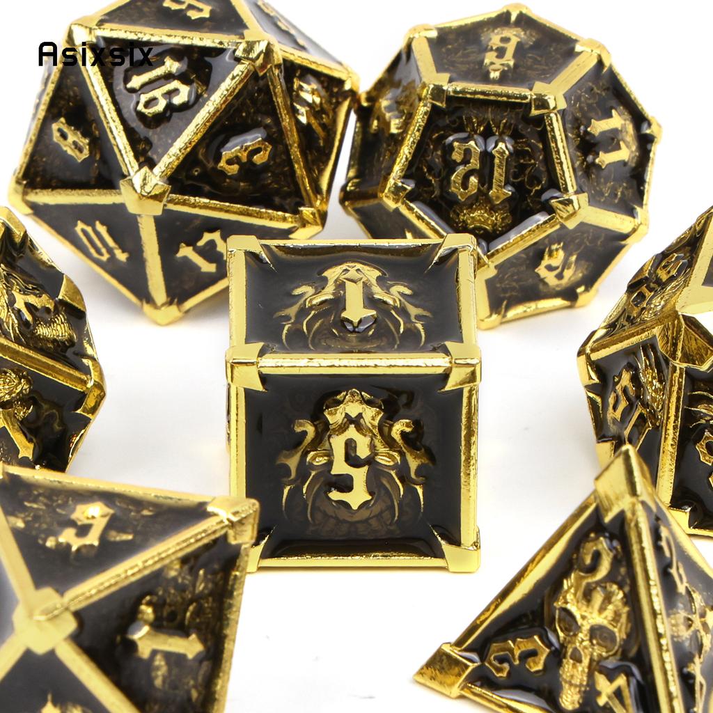 7 Pcs Black Golden Skull Metal Dice Solid Metal Polyhedral Dice Set Suitable for Role-Playing RPG Board Game Card Game