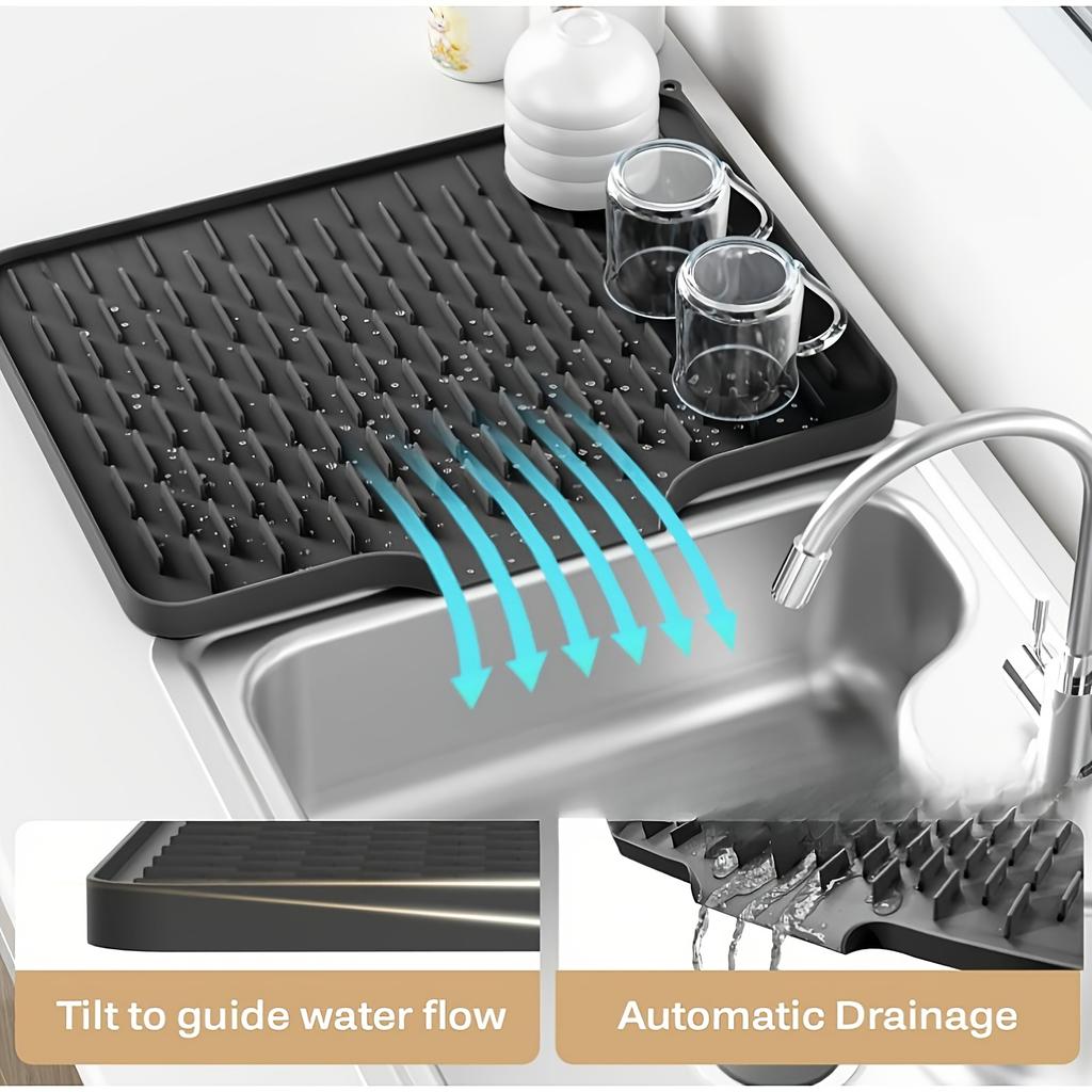 1-piece Non-Slip Silicone Kitchen Sink and Countertop Drain Mat - Heat Resistant (Up to 250°C), Built-in Drain Design, Dish