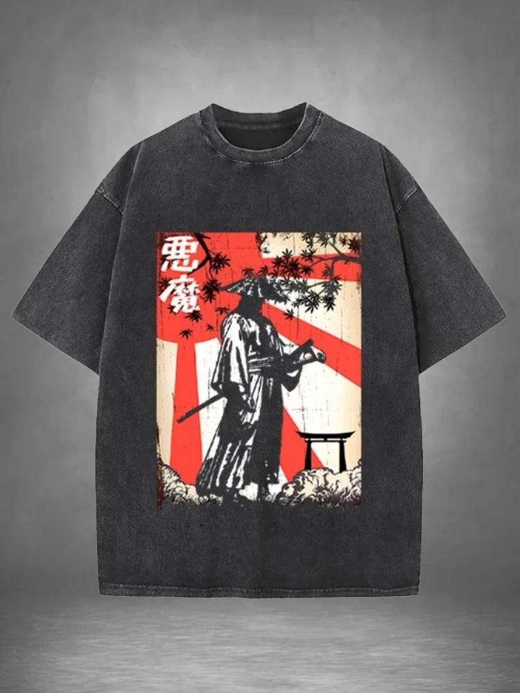 

Cotton Mens Japanese Samurai Illustration Print Washed TShirt Fashion Short Sleeve Summer Holiday Tees Casual Hiphop Tops S