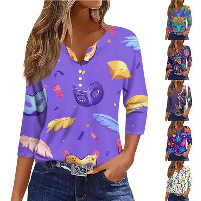Damen T-Shirt mit Aufdruck, Knopfleiste, 3/4-Ärmel, für den Alltag, Wochenende, Basic, V-Ausschnitt, normales Oberteil