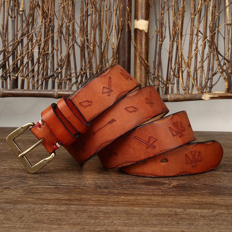 

Ремень мужской корейский стиль ретро лазерная резка утолщенная чистая коровья кожа натуральная мода универсальные джинсы повседневные брюки ремень мужской 125cm