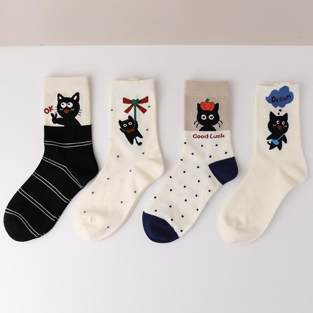 Cute Cartoon Cat Print Mid-tube Socks For Women Spring Autumn Knitted Sweat Absorb Sock Female Ins Korean Harajuku Long Socks