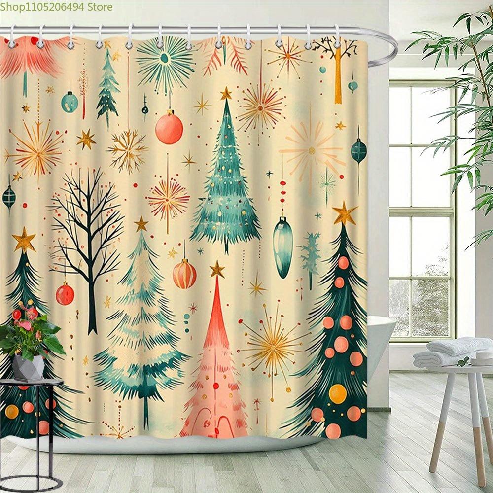 1pc Vintage Christmas Shower Curtain with 12 Hooks - Large 70. 8x70. 8 Inch Holiday Bathroom Decor, Colorful Ornament & Tree D