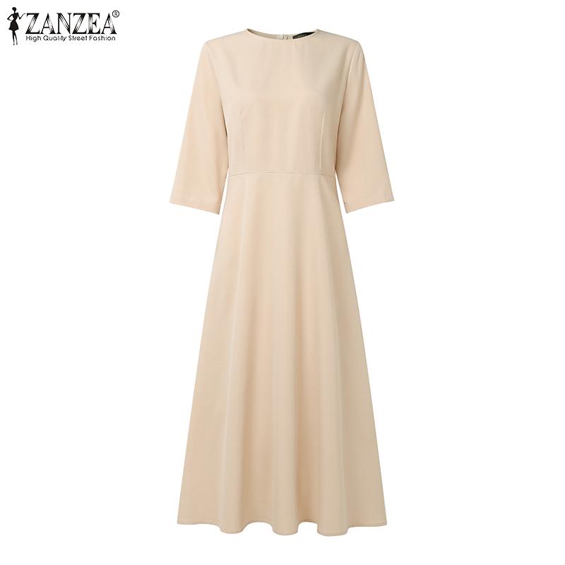 ZANZEA Women Casual Round Neck Solid Color 3/4 Sleeve Summer Long Dress