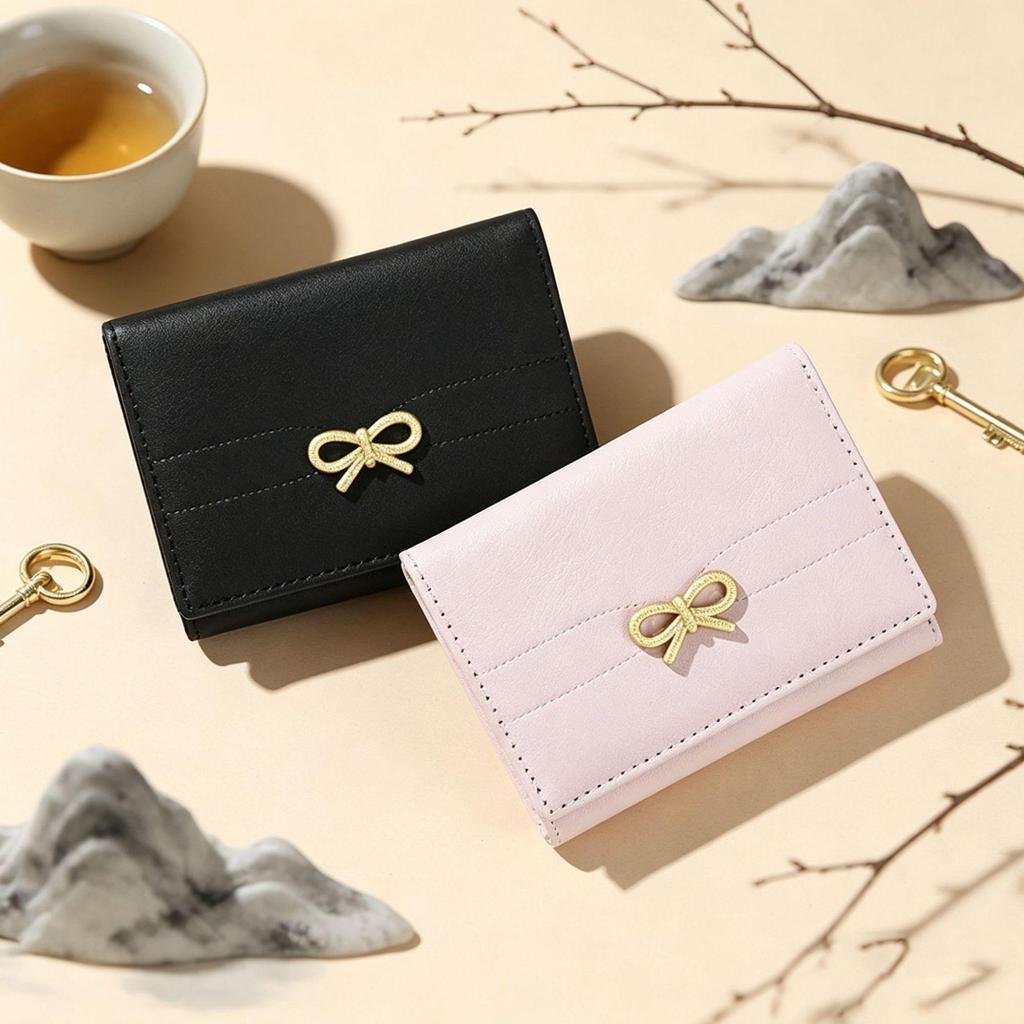 Korean Style Mini Compact Women's Tri-Fold Wallet with Bow Accent