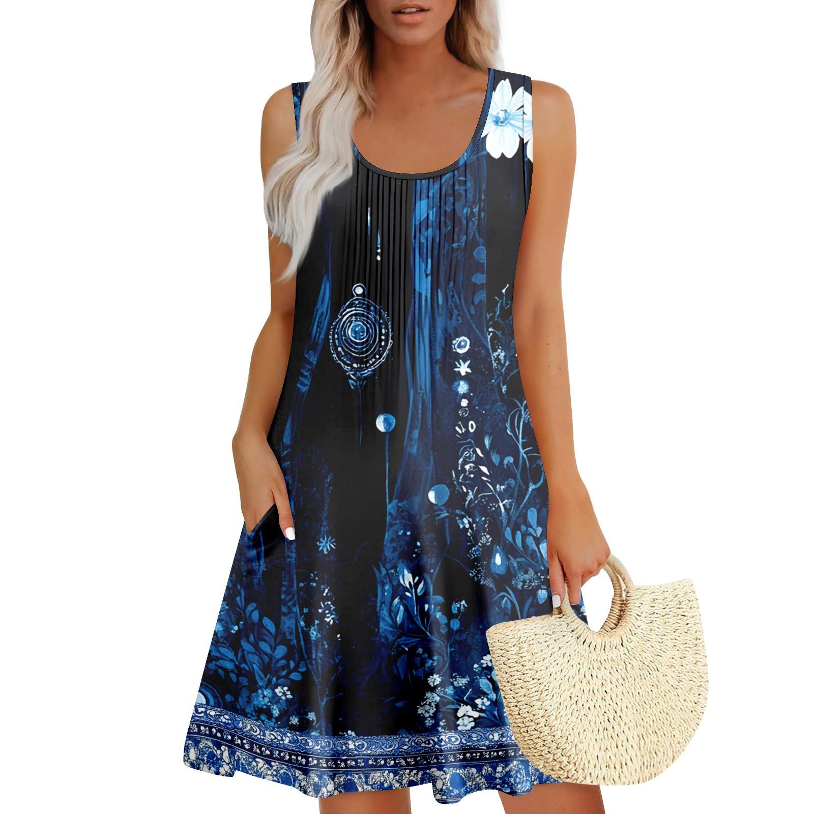 

Женский повседневный сарафан с карманами, летнее пляжное платье в стиле бохо, праздничные платья для женщин, платья-майки L синий