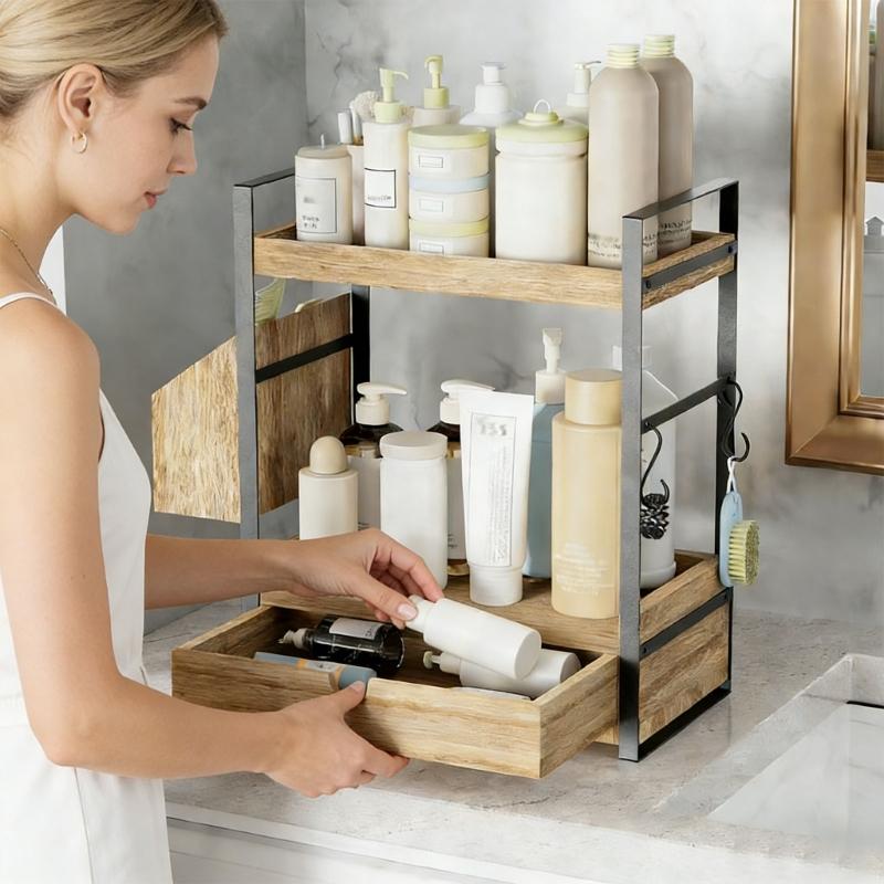 Stylish Wood Countertop Shelf With Open Storage Design For Makeup And Skincare Products