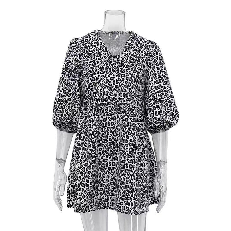 

Fashion Style Doll Collar Leopard Print Print Fashion Dress Doll Neck Leopard Print Dress Black S