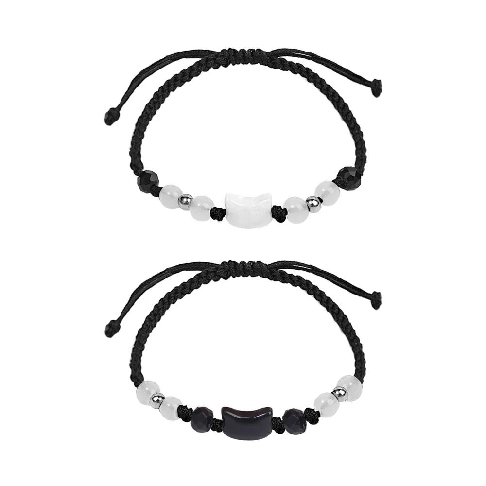 Natural Moonstone Obsidian Bracelets Couple Minimalist Bracelet Handmade Cute Black White Cat Bracelet Party Jewelry Gifts