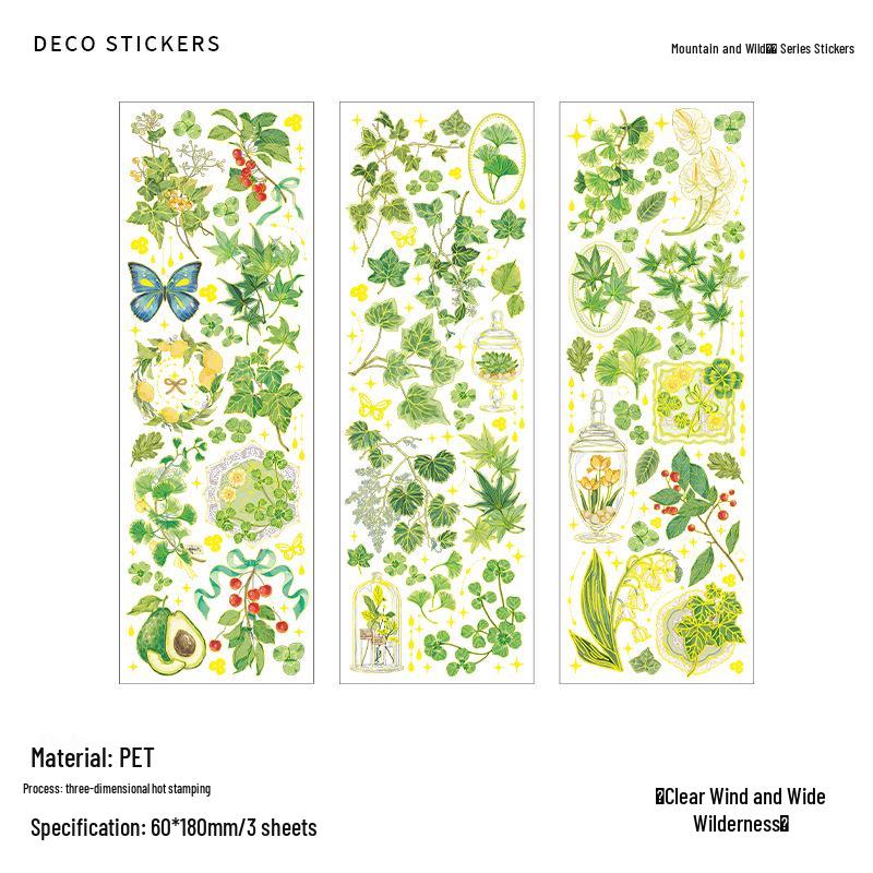 Infeel.Me 3D Hot Stamping PET Stickers: Mountain & Wild Roar Series - Retro Plant Journal Stickers (4 Styles)