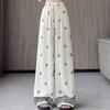 Summer Women Vintage Print Cotton And Linen Thin High Waist Wide Leg Pant Trouser For Girl