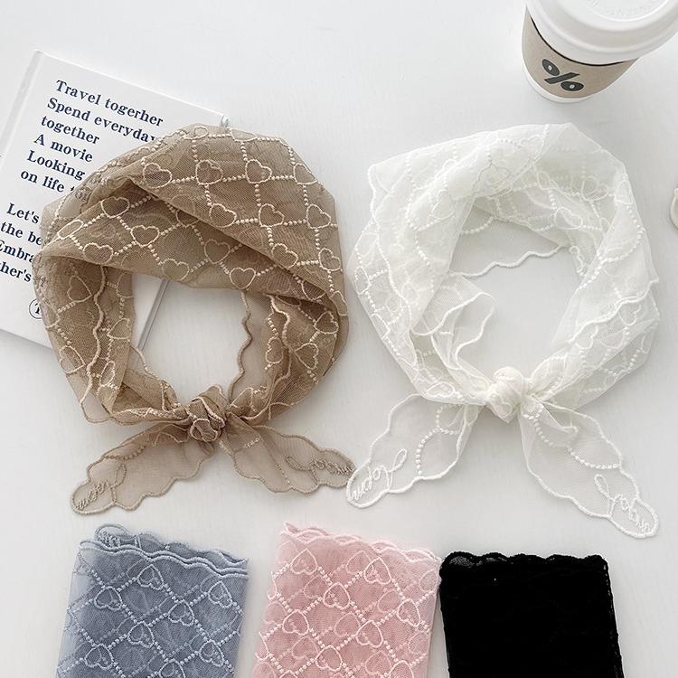 Girl French love silk scarf spring and summer new versatile lace triangle scarf printed decorative headscarf women tied hair streamer