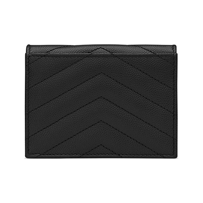 Saint Laurent Ysl Cassandre Double Fold Gold Logo Textured Quilted Leather Card Holder Wallet Women Wallet Black 530841-BOWA1-1000