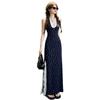 French floral suspender dress women's summer new neck blue long dress vacation style lace long skirt