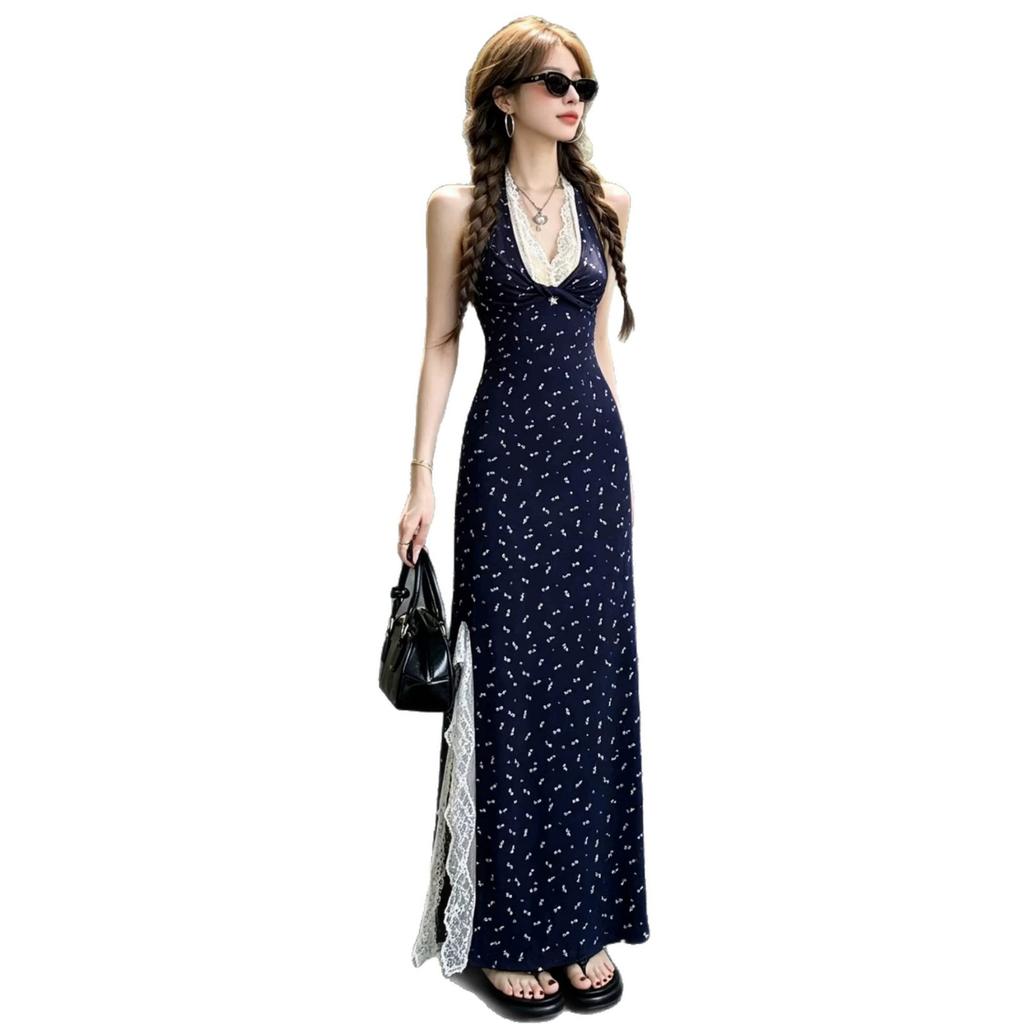 French floral suspender dress women's summer new neck blue long dress vacation style lace long skirt