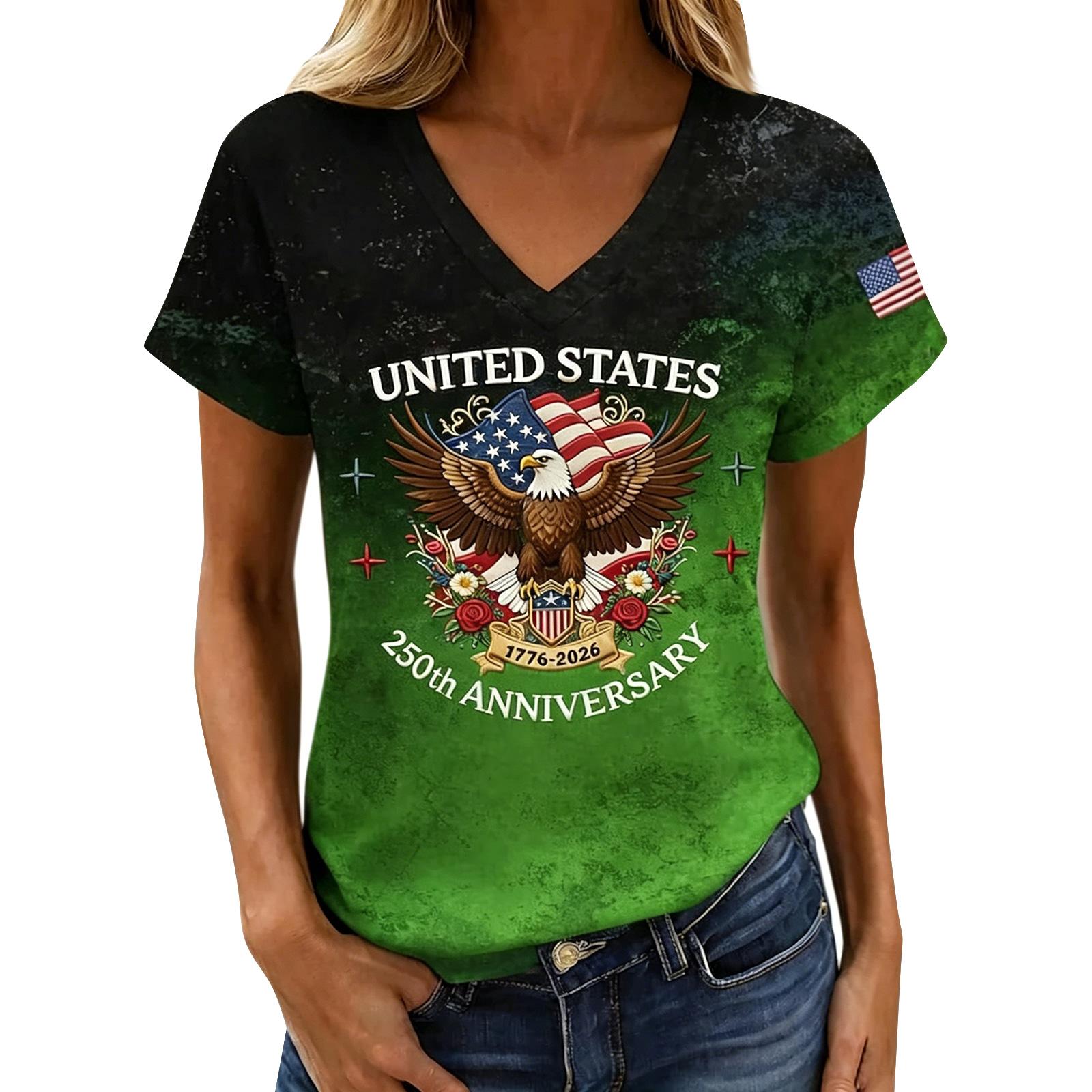 

Women s Casual V Neck Short Sleeve Pullover T Shirt Independence Day Print Top Lightweight Summer Tee for Everyday Wear XXL зелений