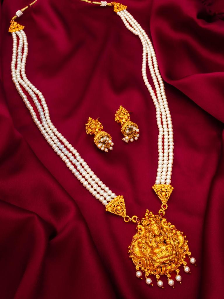 Gold-Plated White Stone-Studded & Beaded Temple Jewellery Set