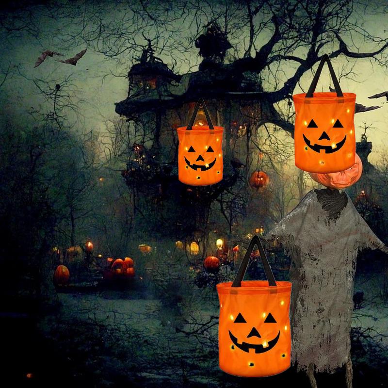 Torba Tote z Dynią na Halloween, Podświetlana Rączka LED, Wielokrotnego Użytku Torba na Cukierki na Trick or Treat dla Dzieci, Dekoracja na Imprezę, Prezent
