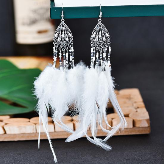 1 Pair Lady Earrings Bohemia Style Tassel Feather Ethnic Drop Earrings for Daily Wear