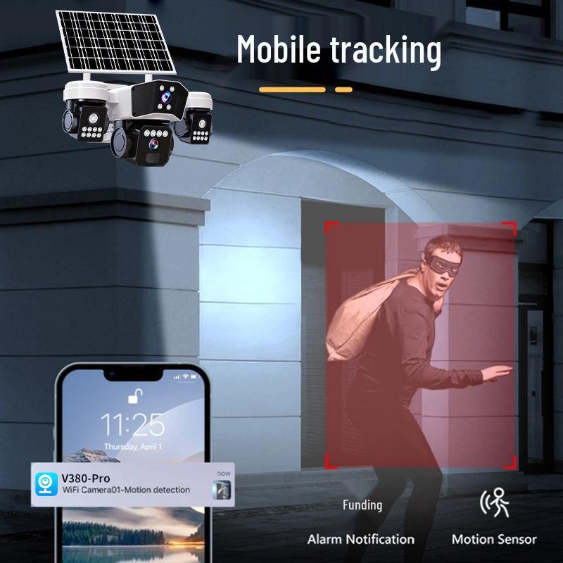 V380 Smart Home Solar-Powered Multi-Lens Dome Camera with Full-Color Night Vision and Waterproof Design