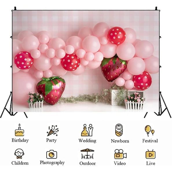 Pink Balloons Strawberry Photography Background Girls Birthday Party Decoration Sweet First Birthday Party Supplies Baby Shower Party Cake Smash
