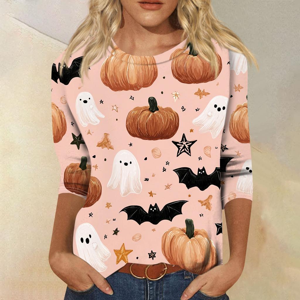 Women's Casual Halloween Print Round Neck Top Three Quarter Sleeve Lightweight Comfortable Street Style Shirt