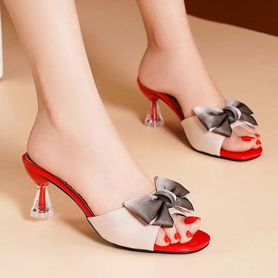 Fashion Womens High Heels High-end Crystal Heel Medium Heel Sweet Bow Cool Slippers Women Summer Versatile Stiletto High-Heeled Slippers