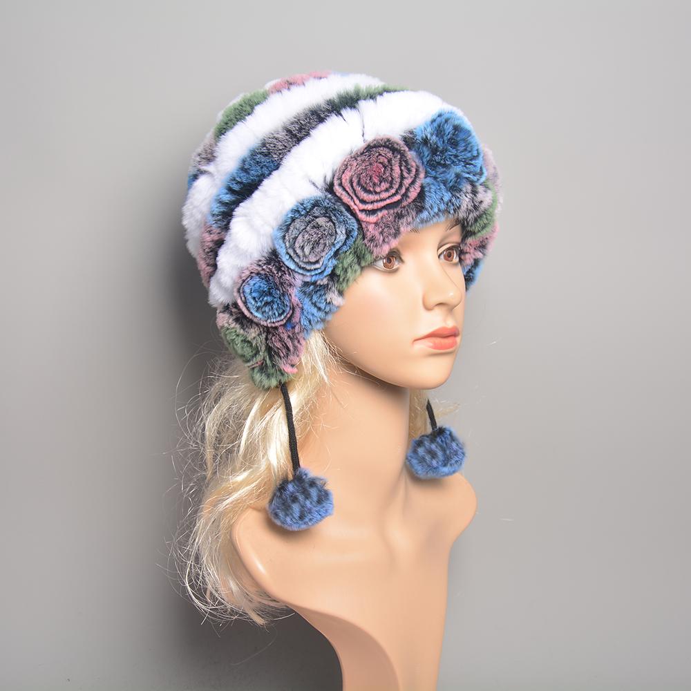 Winter Hats for Girls Women's Fur Hat Real Rex Rabbit Cap Floral Knitted Hat with Balls Skulls Beanies 55-59cm