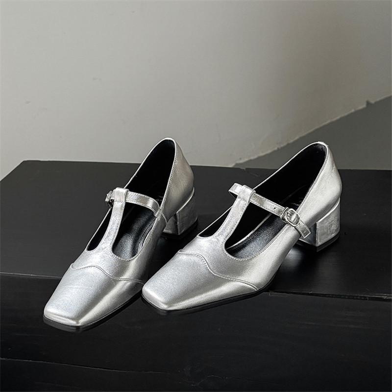 Fashion New Spring/summer Mary Jane Shoes Genuine Leather Shoes for Women Fashion High Heels Square Toe Women Pumps Chunky Heels Silvery