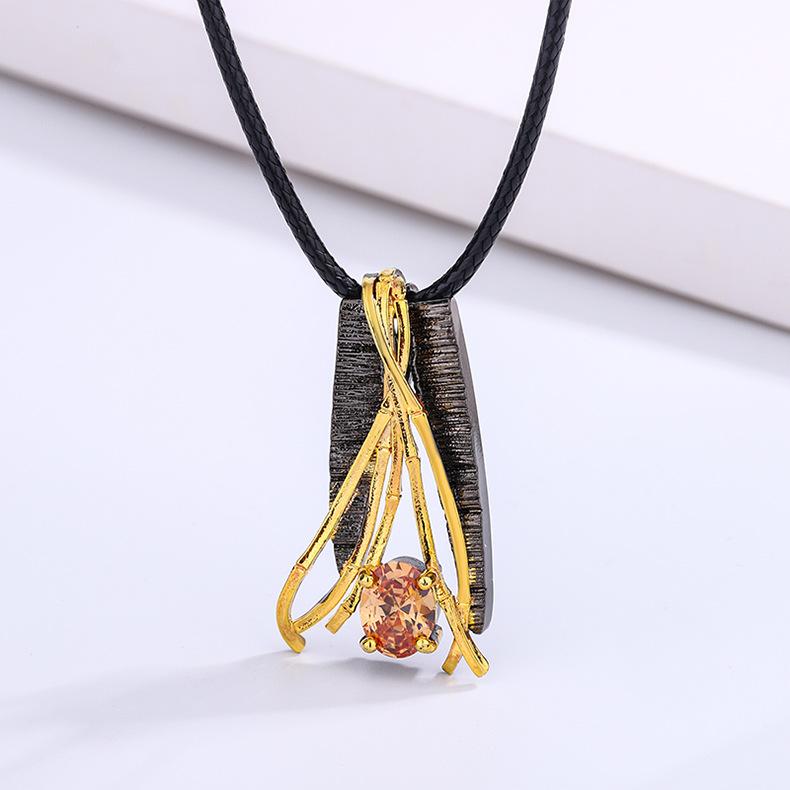 Geometric Black Gold Medallion Necklace with Haute Sens Line Champagne Zircon Necklace