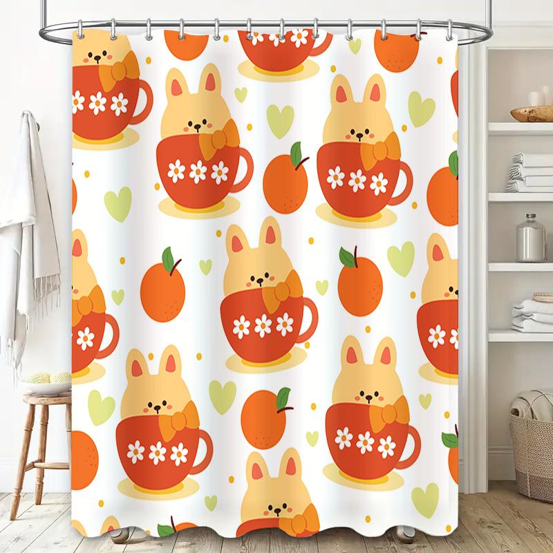 Adorable Rabbit Cup Tea Party Orange Shower Curtain Decorative Home Bathroom Liner Set with Hook (White Orange)