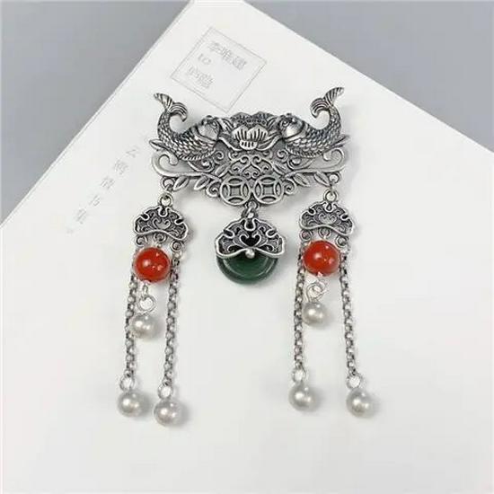 Exaggerated Ethnic Style 925 Sterling Silver Fish Lotus Pendant Necklace for Women with Safety Buckle