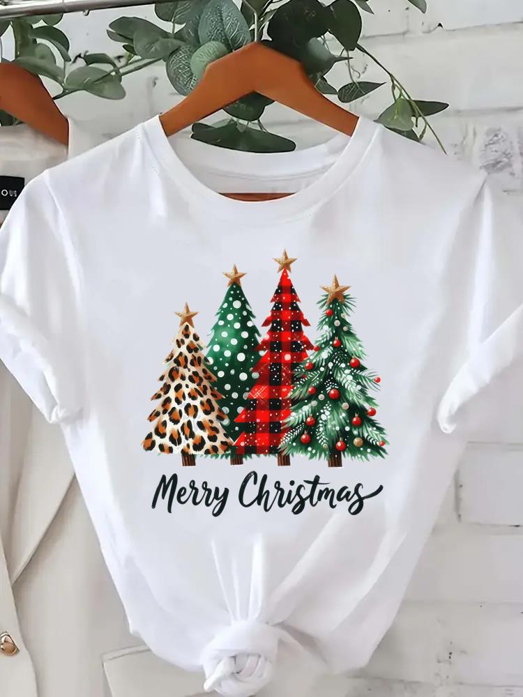 (Asian Size) leopard tree happy new year Tee merry Christmas festival O-neck Clothing Women's Top T Print Fashion ladies Graphic T-shirts