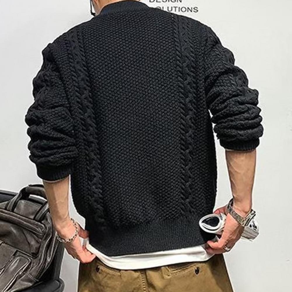 Fall Winter Men Sweater Cardigan Round Neck Knit Thick Elastic Long Sleeves Relaxed Fit Warm One Tone Zip-up Knitwear Daily Wear Sw