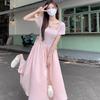 2026 Summer Short Gentle Wind French Square Neck Lace-up Dress Women's Waist Skinny Splicing Medium and Long Dress Summer