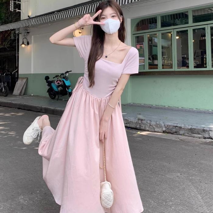 2026 Summer Short Gentle Wind French Square Neck Lace-up Dress Women's Waist Skinny Splicing Medium and Long Dress Summer