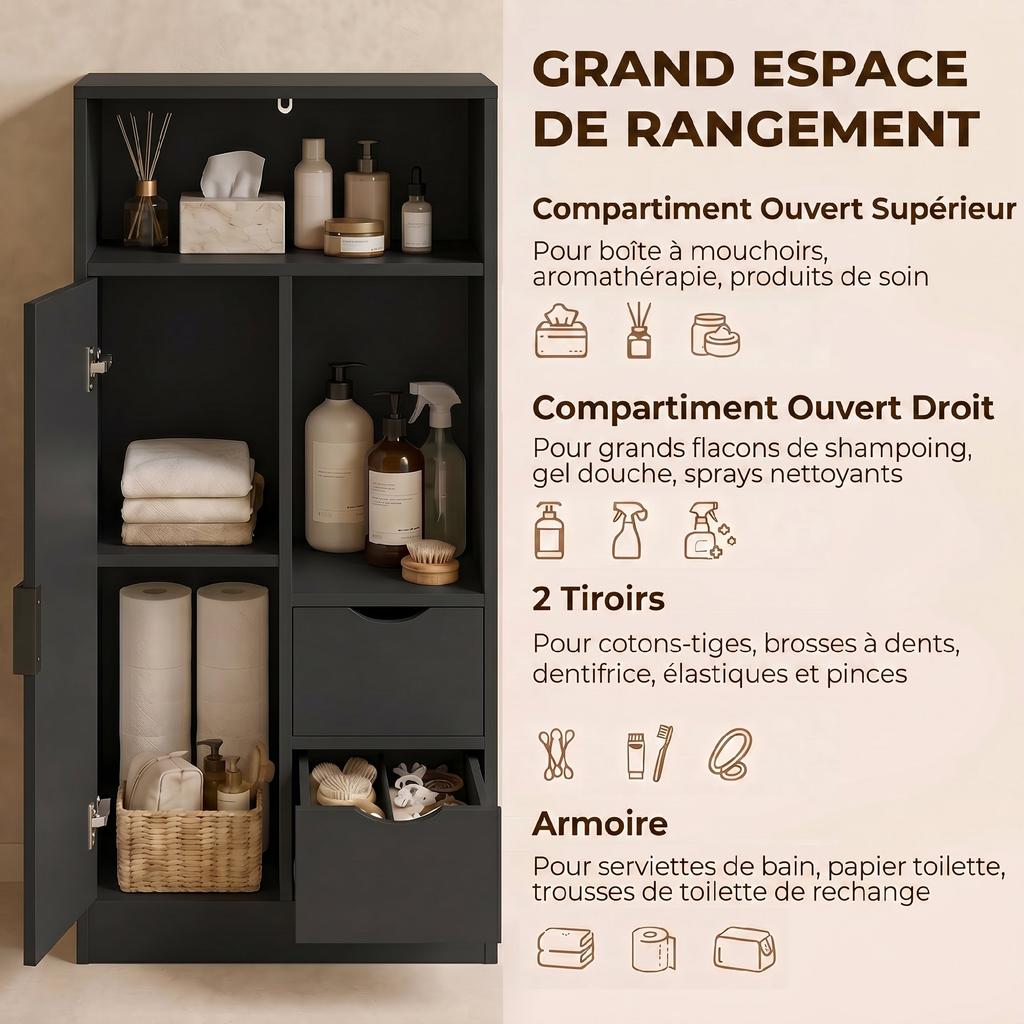 Bathroom Cabinet Narrow Storage Cabinet With 2 Drawers Open Compartments 50x25x100cm Black