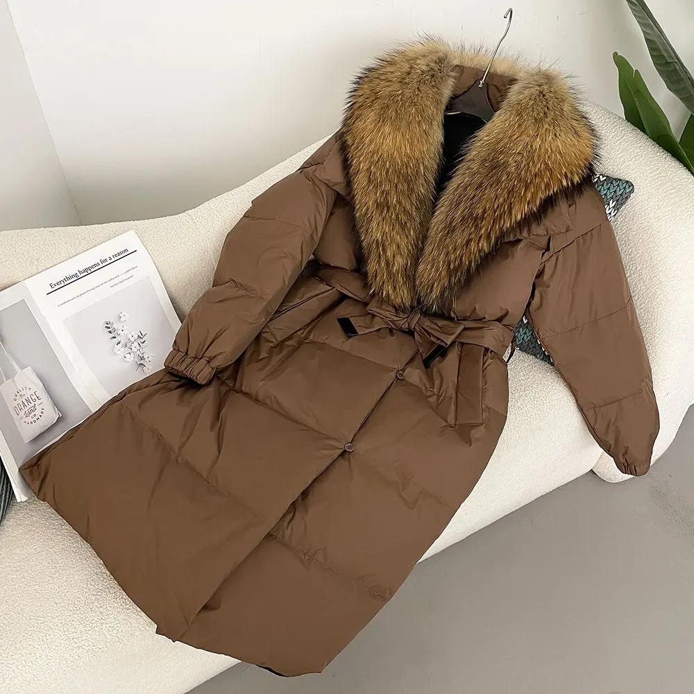 

OFTBUY Зимова куртка Жіноча Натуральне хутро лисиці з хутром єнота 90% біле пальто на качиному пуху Товстий теплий пояс Повсякденний верхній одяг L