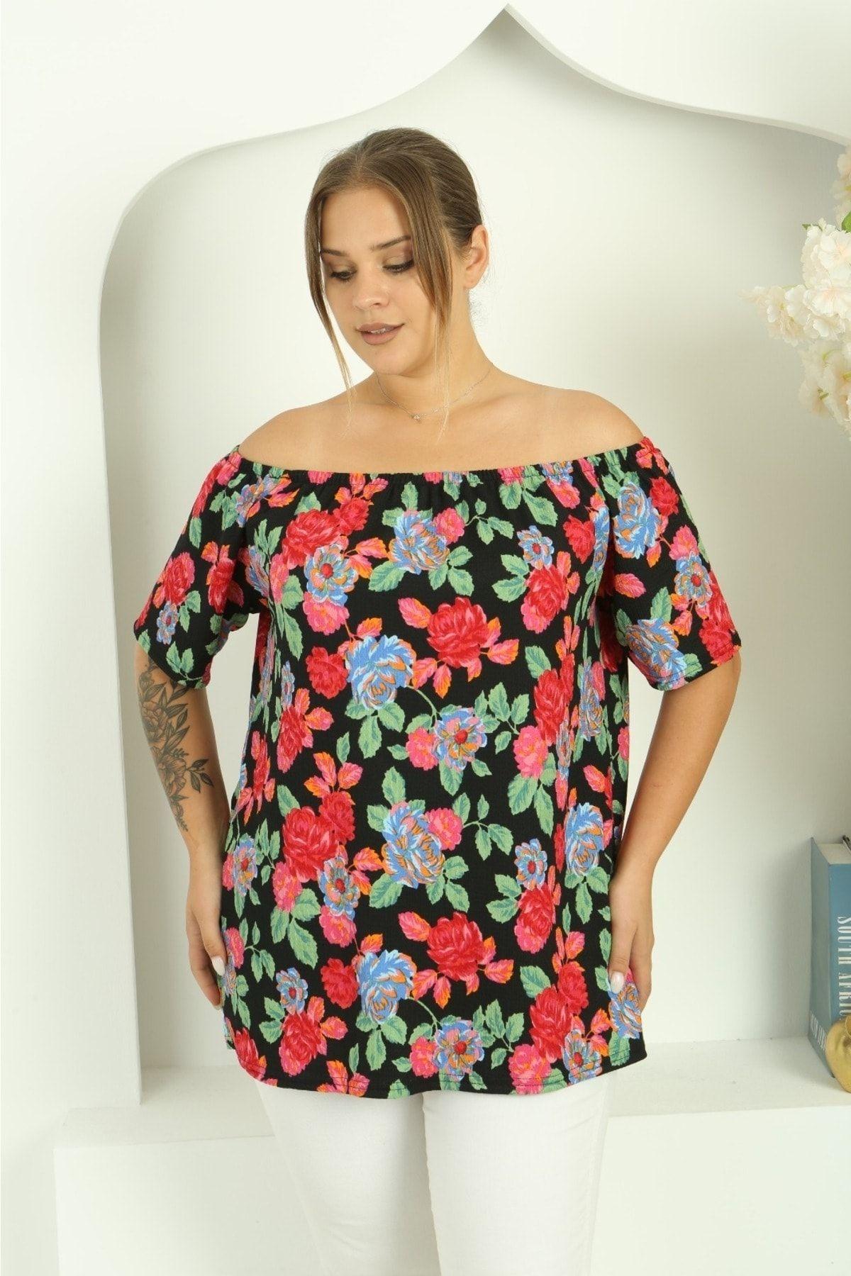 

Women s Big Size Blouse Flower Patterned Madonna Blouse 2XL
