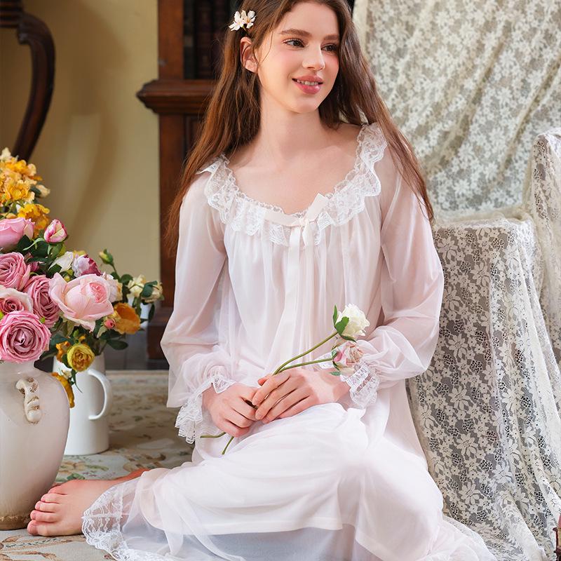 Elegant French Lace Modal Princess Nightgown - Women's Long Sleeve Sleepwear for Spring and Autumn